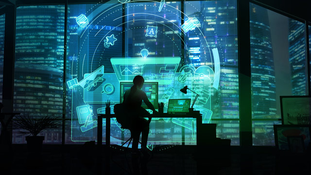 Silhouette of a woman in an office working with a virtual interface.