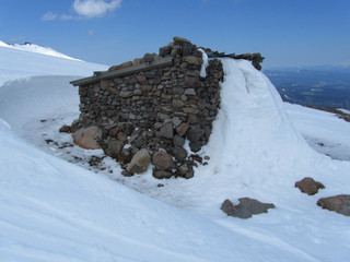 Cooper Spur Shelter in snow on Mt. Hood. The emergency shelter was snowed closed after strong...