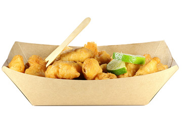 Kibbeling in a cardboard tray isolated on white background. Kibbeling is a Dutch snack consisting...