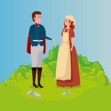 cinderella with prince in scene fairytale vector illustration design