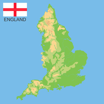 England. Detailed physical map of England colored according to elevation, with rivers, lakes, mountains. Vector map with national flag.