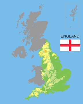 England is part of the UK. Bordered by northern ireland, Wales and Scotland. Detailed physical map of country colored according to elevation, with rivers, lakes, mountains.Vector illustration. EPS 10