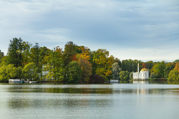Autumn Park in Pushkin. Large pond. Saint-Petersburg. Morning.