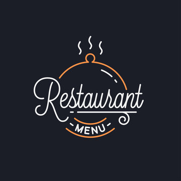 Restaurant menu logo. Round linear of tray cloche