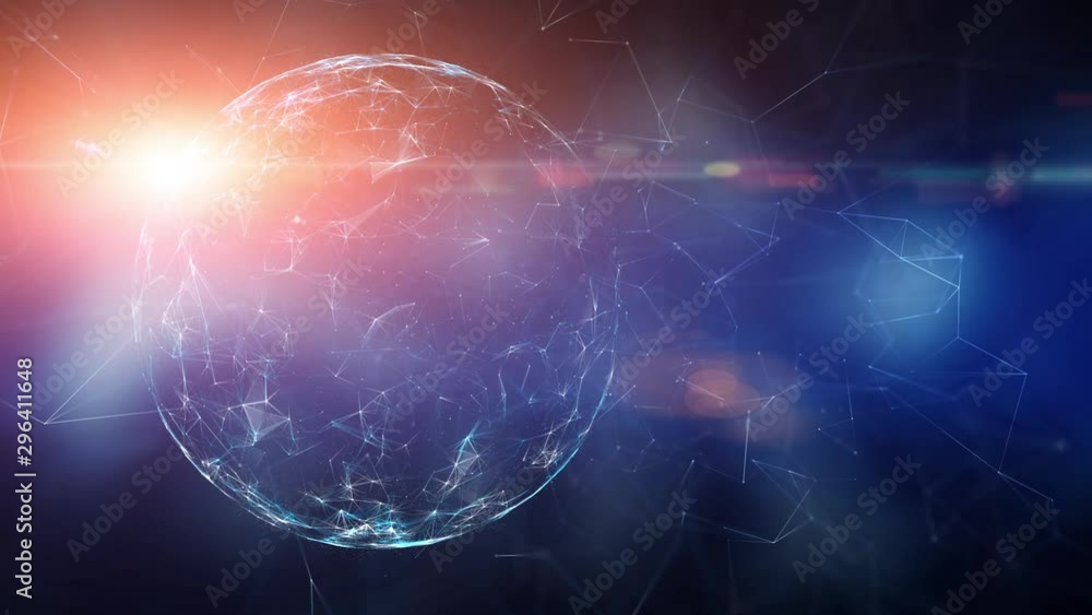Poster Shining digital sphere rotation on abstract cyberspace network. Copy space animation background.