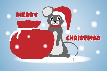 Christmas card with a cute mouse and a bag with gifts, falling snow, light blue background. Vector illustration