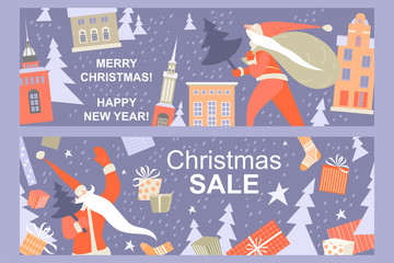 Two greeting Christmas banners with funny Santa Clauses on a background of a winter cityscape. Christmas sale announcement.