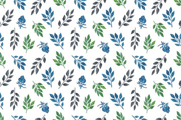 Dark-blue watercolor fancy leaves repeat pattern, simple seamless ornament, abstract ornament