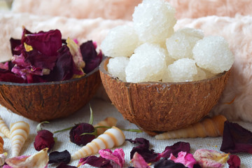 White Dead sea salt in coconut bowl, For alternative medicine, Herbal therapy