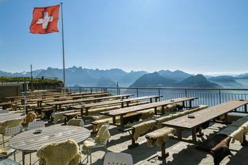 Mountain restaurant on top of Fronalpstock with beautiful views on Swiss Alps and lakes - obrazy, fototapety, plakaty