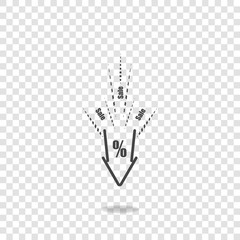 Vector icon of falling prices. Discounts. Sale in the store. The collapse of the price. The percent sign. The pointing down on transparent background.