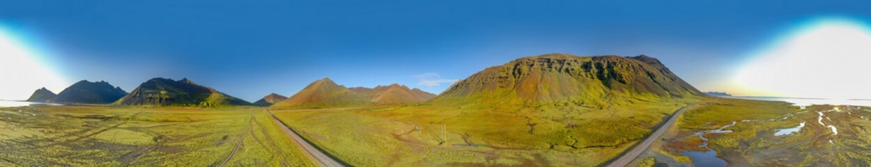 Fototapeta premium 360 degrees Icelandic aerial landscape. 360 panorama of Vestrahorn mountain on a sunny day.