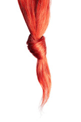 Red hair knot isolated on white background. Long straight ponytail