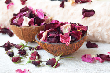 Rose blossom, Petals in coconut bowl, Pink flowers, Beauty background