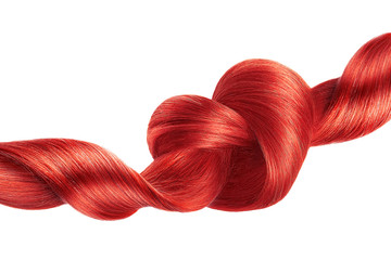 Red hair knot in shape of heart, isolated on white background