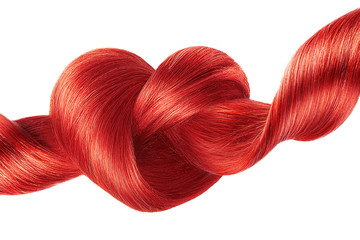 Red hair knot in shape of heart, isolated on white background