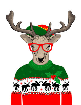 Hand drawn vector illustration of Christmas deer in green sweater on white background. Hipster in glasses and hat