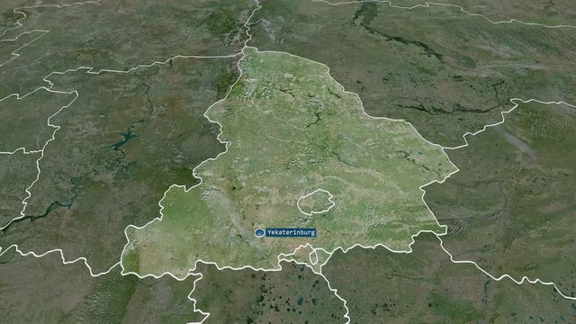 Sverdlovsk - region of Russia (territory after annexation of Crimea in 2014) with its capital zoomed on the satellite map of the globe. Animation 3D
