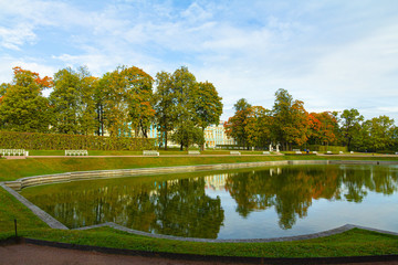 Small pond. Autumn Park in Pushkin. Saint-Petersburg. Morning.