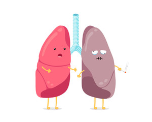 Cute cartoon lungs character healthy and smoker. Strong surprised lung and suffering sick smoking mascot. Human respiratory system internal organ compare. Medical anatomy vector illusrtation