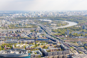 Aerial photography. View of Moscow in summer. Luzhniki stadium Moscow river, TV tower.