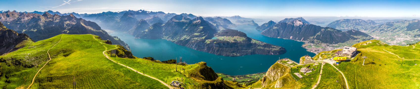 Fantastic view to Lake Lucerne with Rigi and Pilatus mountains, Brunnen town from Fronalpstock, Switzerland, Europe