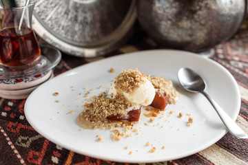 Turkish Pumpkin Dessert with Tahini, Ice Cream and Walnut, Tahinli Kabak Tatlisi.