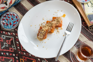 Turkish Pumpkin Dessert with Sesame Paste Tahini and Walnut, Tahinli Kabak Tatlisi.