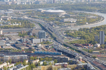 Fototapeta premium Aerial photography. View of Moscow in summer. Luzhniki stadium Moscow river, TV tower.