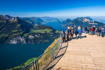 Fantastic view to Lake Lucerne with Rigi and Pilatus mountains, Brunnen town from Fronalpstock,...