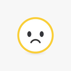Sad face, bad customer review and emotional assessment of goods or services quality. Round vector icon with bright yellow contour, flat emoticon button.