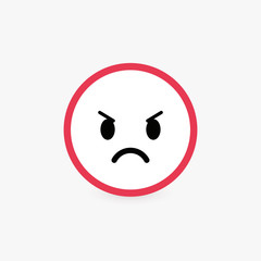 Angry face, poor customer review and emotional assessment of goods or services quality. Harsh round vector icon with bright red contour, flat emoticon button.