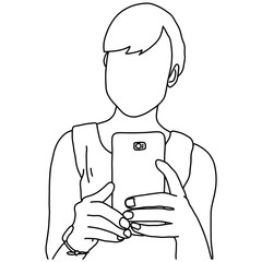 woman using mobile phone vector illustration sketch doodle hand drawn with black lines isolated on white background