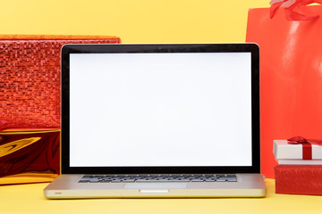 Tula, 28 09 19: Online christmas shopping concept on the laptop display. White screen