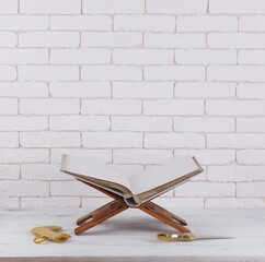 book, Quran on a wooden stand. Quran is holy book religion of Islam