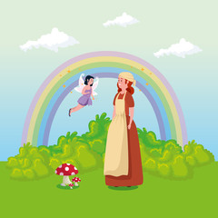 cinderella with fairy flying in scene fairytale vector illustration design