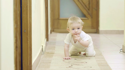 Funny baby crawling indoor, first Independent moves