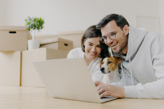Overjoyed family couple laugh as watch online stores on modern laptop computer with their dog, have break after unpacking carton boxes, home renovation, being in good mood. Newly rented house.