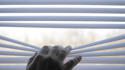 Detail of hand opening window blind, the desire of light