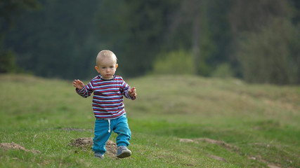 Lovely baby child learning to walk in nature, boy falling down and rising up