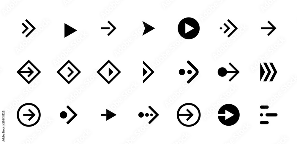 Poster swipe arrow right black button icon set. application and social network scroll cursor pictogram for 