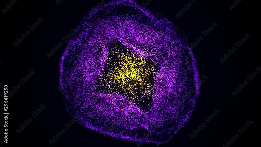 Poster purple energy moving and rotating sphere of small particles on black background. animation. abstract