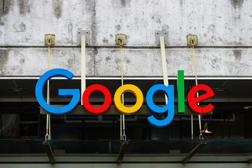 Seattle, Washington USA - October 16, 2019: General view of Google logo on office sign in Seattle's Fremont neighborhood