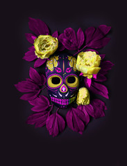 Sugar skull mask with flowers used for celebrating Day of the Dead in hispanic culture. Mexican symbol of the traditional Dia de los Muertos.