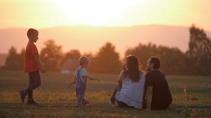 Parents sitting on field, baby child and elder brother come to mother and father