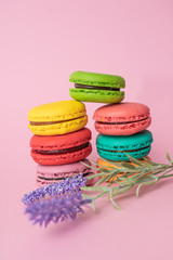 french macaron cakes composition with lavender flowers