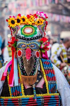 Bulgarian mummer festival, very colorful and shiny mask.Pernik Bulgaria Surva. Kukeri.