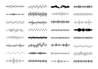 Deurstickers Set of waving, vibration and pulsing lines. Graphic design elements for financial monitoring, medical equipment, music app. Isolated vector illustration. © artyway