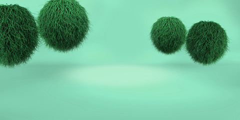 3D rendering of a Green geometric background for commercial advertising. Green fur balls. Green fluffy hairs ball on Green background