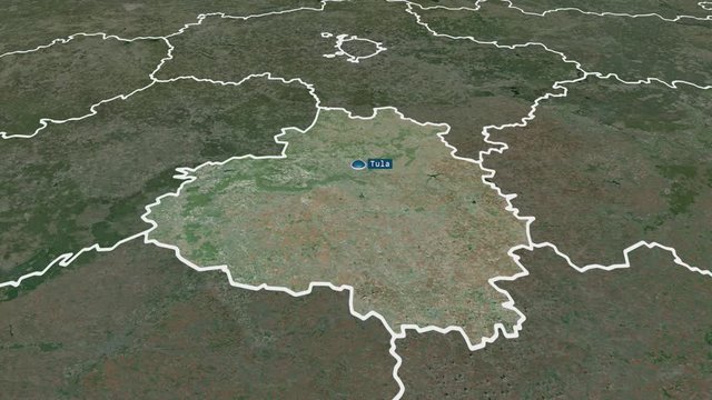 Tula - region of Russia (territory after annexation of Crimea in 2014) with its capital zoomed on the satellite map of the globe. Animation 3D